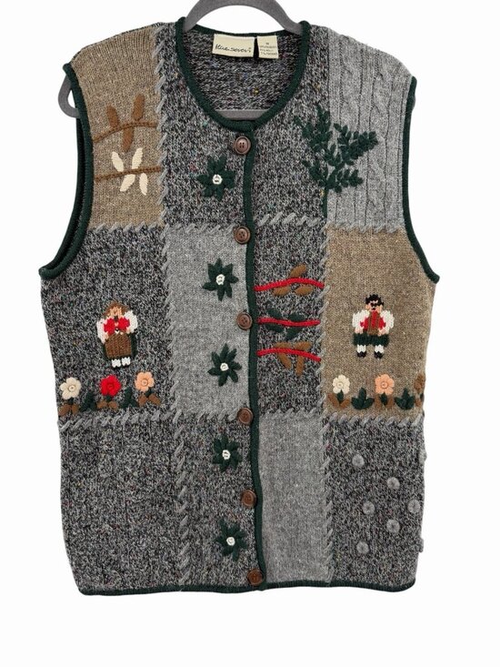 Flire Seven Sweaters - FLIRE SEVEN Women's Vintage Bavarian Folk Grandma Wool Blend Sweater Vest MD